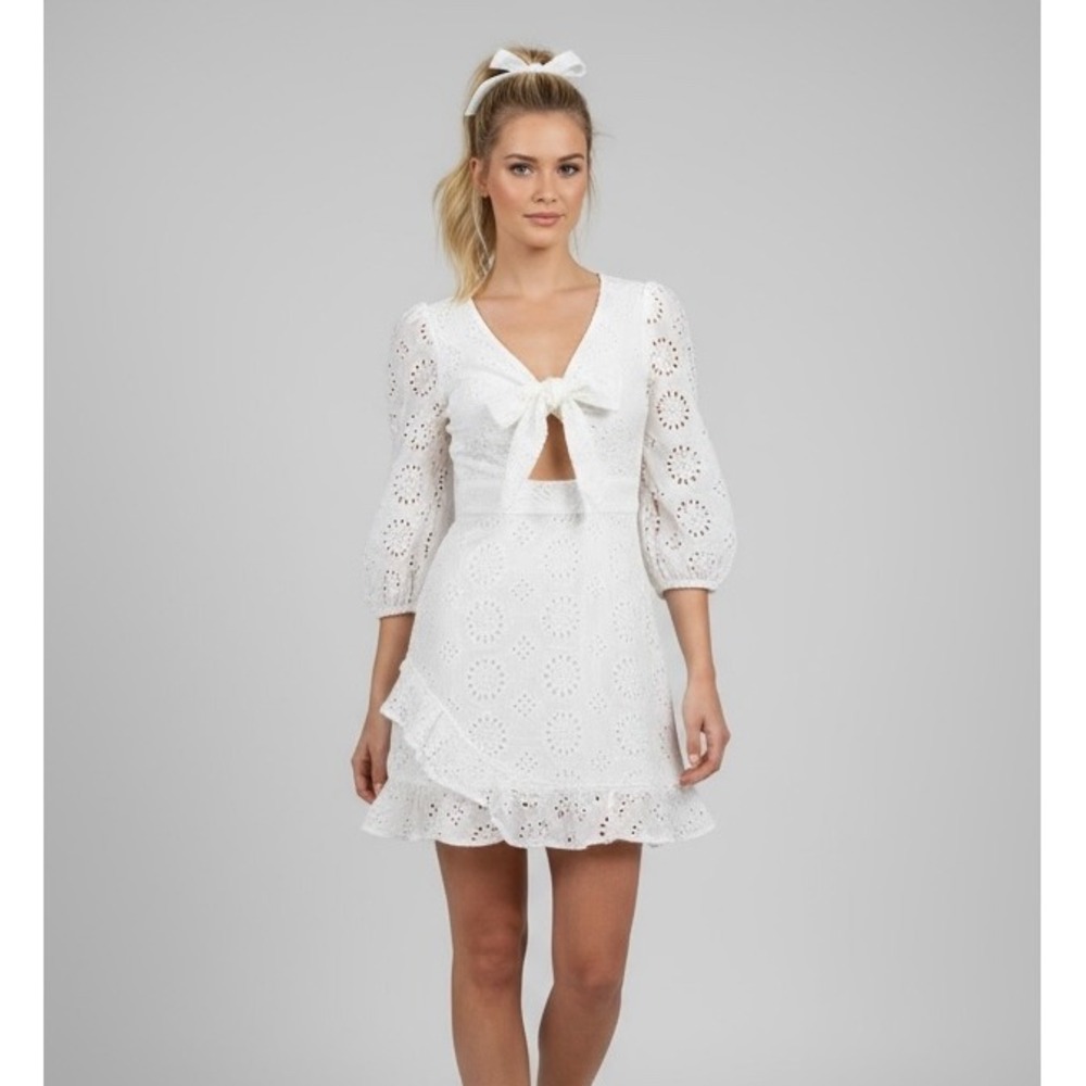 Shein White Eyelet Tie Front Ruffle Hem Long Sleeve Dress Size L